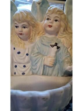 Antique French porcelain Holy Water Font Wall Benitier Angels and Seashell